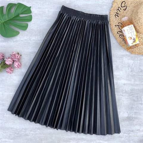 Neophil Ladies Black PU Fur Faux Leather Midi Skirt Thick Winter Pleated High Waist  Vintage Mid-calf Women Longa Saia S2010 ► Photo 1/6