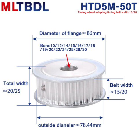 50 Teeth HTD5M Timing Synchronous Pulley Bore 10/12/14/15/16/18/19/20/22/24/25/28/30mm for Width 15/20mm 5mm Pitch HTD5M 50T AF ► Photo 1/6