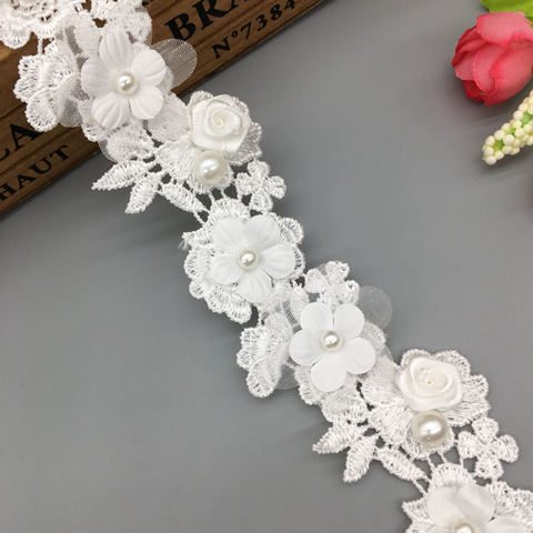 1 yard White Pearl Rose Flower Embroidered Lace Trim Ribbon Wedding Applique DIY Manual Sewing Supplies Craft Decoration 4cm ► Photo 1/5