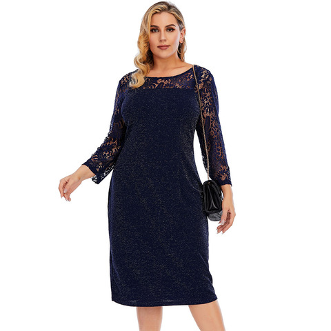 4XL 5XL Plus Size Party Dresses Women 2022 Spring Lace Hollow Out Long Sleeve Bright Bodycon Dress Wedding Evening Club Dress ► Photo 1/1