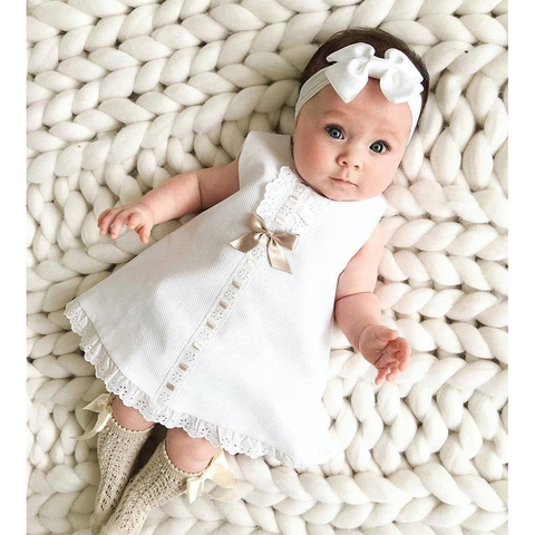 2022 Baby Summer Clothing 0-24M Infant Newborn Baby Girl Lace Dress Sleeveless Bowknot Rib Solid White Shift Gown Headband ► Photo 1/6