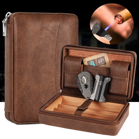 GALINER Portable Cigar Humidor Box Travel Leather Cigars Case Cedar Wood Cigars Set W Lighter Cigar Cutter Holder Humidifier Bag ► Photo 1/6