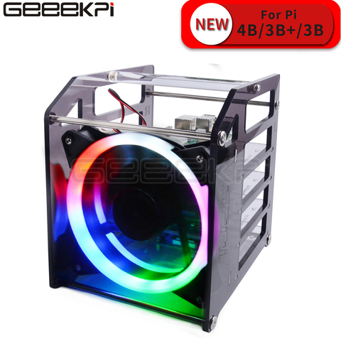 GeeekPi Rack Tower 4 Layer Acrylic Cluster Case Large Cooling Fan LED RGB Light for Raspberry Pi 4 B / 3 B + / 3 B / Jetson Nano ► Photo 1/6