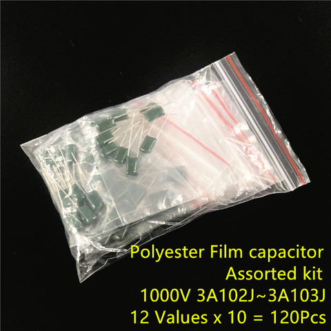 1000V Mylar Film Capacitor assorted Kit 3A102J~3A103J 1nF~10nF 12value x 10pcs ► Photo 1/2