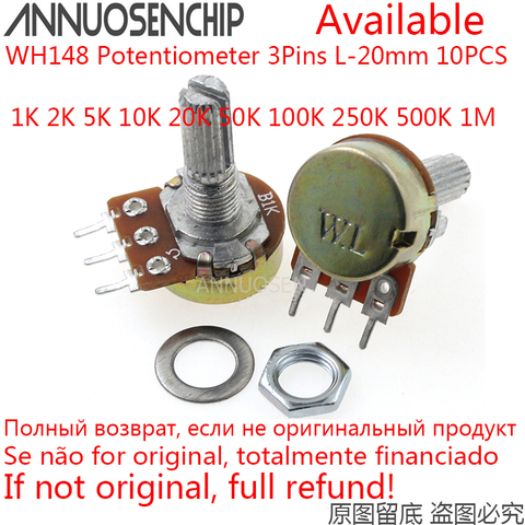 10PCS 20mm Shaft WH148 Potentiometer Kit Single Joint B1K 1K 2K 5K 10K 20K 50K 100K 250K 500K 1M ohm 3Pin With Nut And Washe ► Photo 1/1