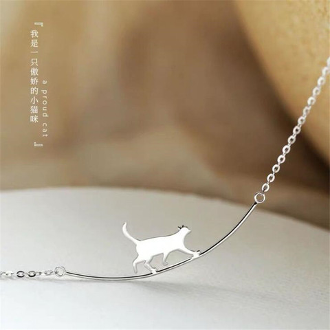 New Fashion Cat Curved Simple Personality 925 Sterling Silver Jewelry Cute Animal Walking Cat Clavicle Chain Necklaces H90 ► Photo 1/4