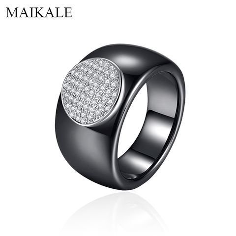 MAIKALE Luxury Black White Ceramic Rings for Women Silver Color Big Round Zirconia Wide Wedding Band Ring Party Jewelry Gifts ► Photo 1/6