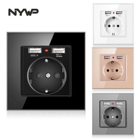 NYWP EU power socket, plug with 2.1a 16A USB charging port, glass panel, Russian Spanish power socket ► Photo 1/6