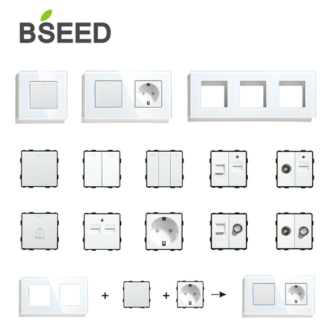 BSEED EU UK Standard Panel Socket Button Switch With Crystal Glass Frame White Black DIY Home Improvement ► Photo 1/6