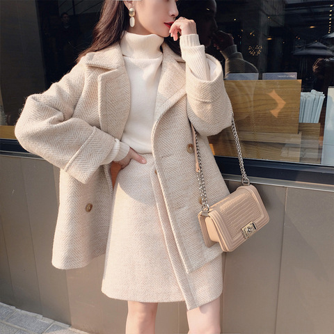 XS-XL Winter Women 2 Piece Set Female Woollen Tweed Double Button Coat + Irregular Split Pencil Skirt Suits ► Photo 1/6