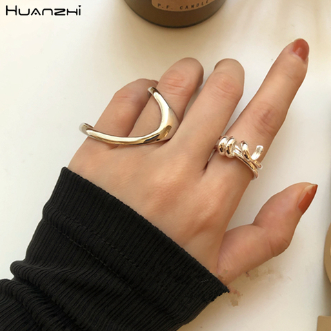 HUANZHI 2022 New Trendy Two-finger Metal Arregular Exaggerated Punk Silver Color Adjustable Ring for Women Girls Jewelry Gifts ► Photo 1/6