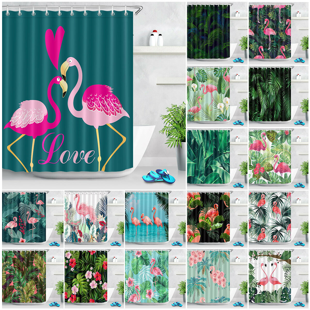 Buy Online Green Leaf Shower Curtain Sets Tropical Palm Leaves Flowers Flamingo Bathroom Decor Waterproof Fabric Bath Curtains With Hooks Alitools