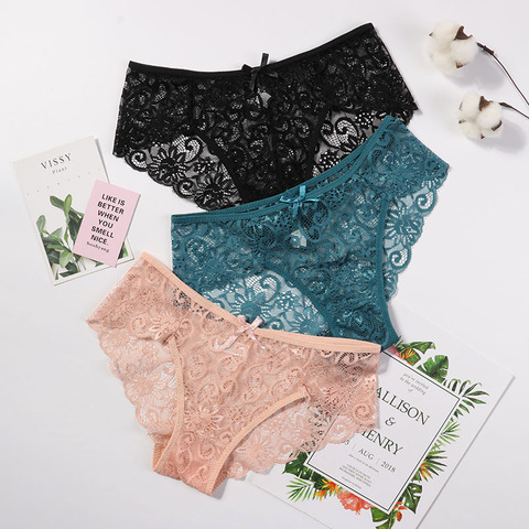 3pcs/Pack! Sexy Women Lace Panties Underwear Lace  Briefs S M L XL Transparent  Floral Bow Soft Lingerie ► Photo 1/6