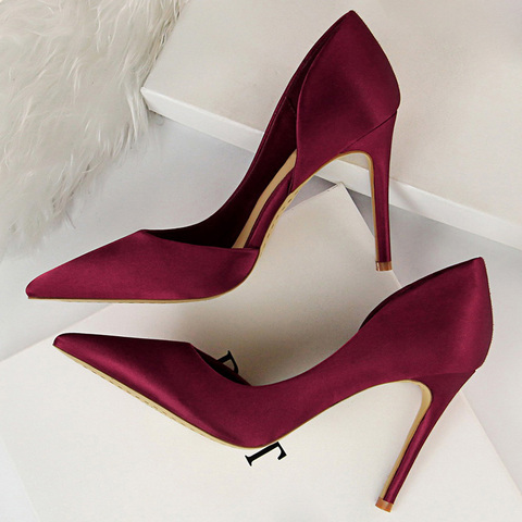 2022 Women 9.5cm High Heels Blue Pumps Satin Escarpins Luxury Stiletto Lady Shoes High Heels Scarpins Burgundy Green Prom Shoes ► Photo 1/6