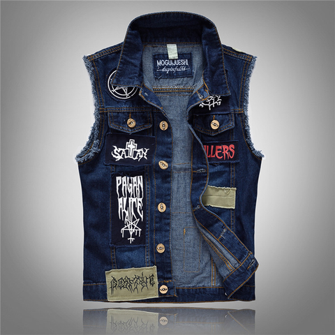 2022 Men's Patches Design Jeans Vest Ripped Denim Waistcoat Men Denim Vest Man Sleeveless Jeans Vest Frayed size 6XL ► Photo 1/1