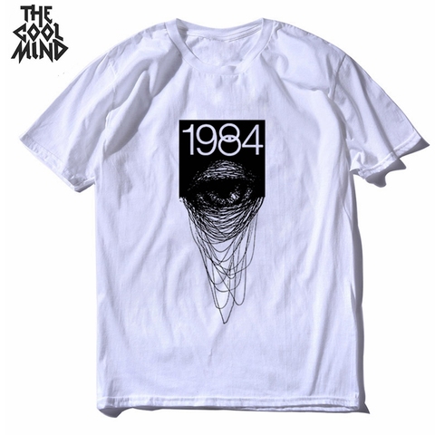 COOLMIND 100% cotton streetwear cool 1984 eys print men T shirt casual loose head print men t-shirt o-neck tshirt men tee shirts ► Photo 1/6