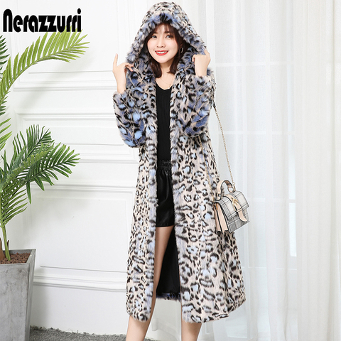 Nerazzurri leopard print winter women faux fur coat with hood long sleeve leopard fur coat thicken long plus size fluffy jacket ► Photo 1/6