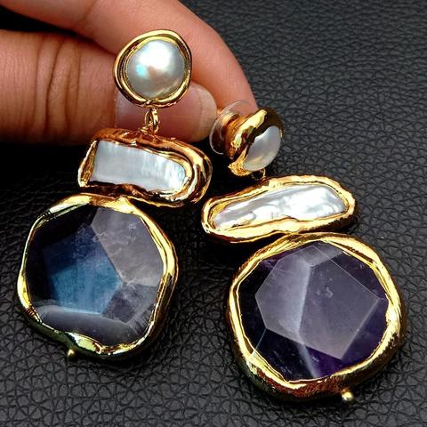 YYGEM Natural Amethyst faceted nugget pave  White Biwa Keshi Pearl Freshwater Gold Plated Stud Earrings ► Photo 1/6