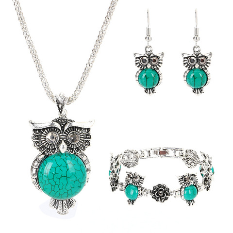 Retro Turquoise Owl Jewelry Sets  Pendant Earring Bracelet Necklace Fashion Chain Handmade Amulet Gifts for Her Woman ► Photo 1/6