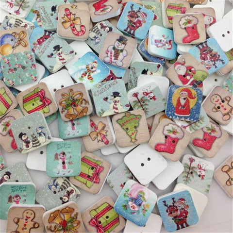 100 pcs Wooden Sewing Buttons Scrapbooking Square Christmas Painting Mixed Two Holes 15 x 15mm Decorate WB04 ► Photo 1/1