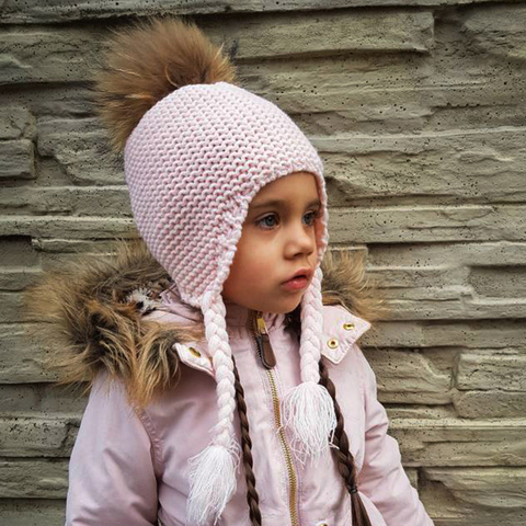 FURANDOWN New Fashion Kids Beanie Winter Pompon Hats For Children Girls Knitted Wool Earflap Beanies Cap Crochet Baby Hat ► Photo 1/6