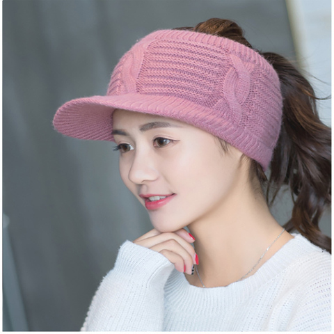 Womens Winter Warm Twist Knit Beanie Hat Fleece  High Bun Ponytail Visor Beanie Cap ► Photo 1/6