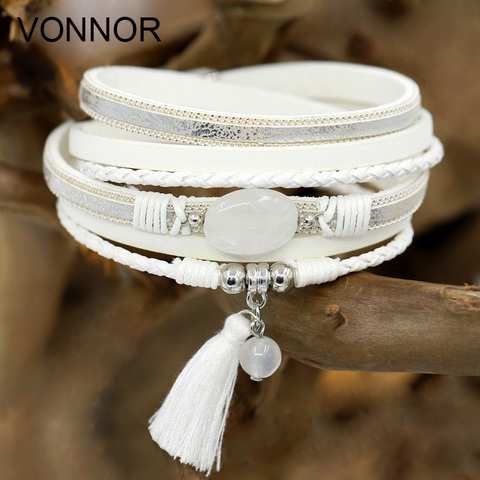 Women's Bracelet Jewelry Multi-Layer Leather Winding Wrap Bracelets Female Natural Stone Wrist Chain Tassel Bracelet ► Photo 1/6