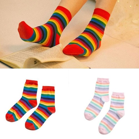 New Women Socks 1 Pair Long Cotton Rainbow Color Striped Printed Novelty Fashion Lady Autumn Socks ► Photo 1/6