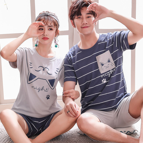 2022 Couple Pajama Set Summer Pyjama Femme Male Cotton Short Sleeved Men And Women Sleepwear Stich Pijama Casual Lover Home Wear ► Photo 1/6