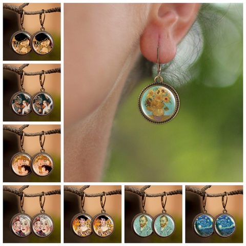 Van Gogh Sunflower Gustav Klimt The Kiss Art Painting Earrings Retro Statement Long Dangle Earrings Women Handmade Jewelry ► Photo 1/6