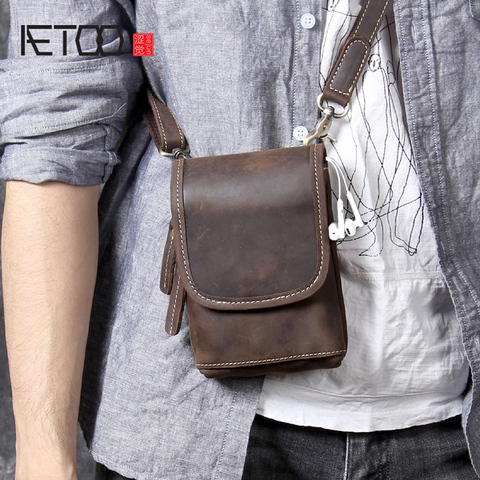 AETOO Mini mad Horse Leather shoulder oblique carry small bag men's Chest bag original head cowhide mobile phone bag waistband ► Photo 1/6