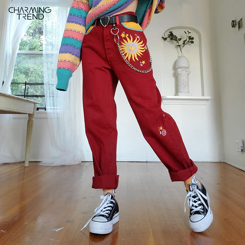 Women's Casual Sun Print Straight Trousers Red Streetwear Long Pants  Harem Pants For Women High Waist Ladies Pants Vintage ► Photo 1/6