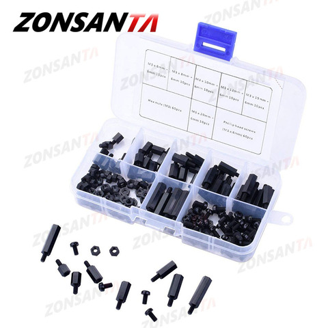 ZONSANTA 180Pcs M3  Black White Male Hex Nylon Spacer Column PCB Standoff Fixed Round Head Nylon Plastic Spacing Screws Nuts ► Photo 1/6