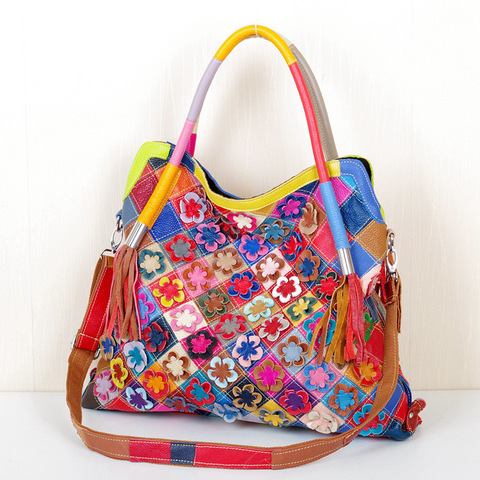 Genuine Leather Cowhide bag Handmade Color Flowers Stitching  Tassel Shoulder Messenger bag Female Handbag 445 ► Photo 1/6