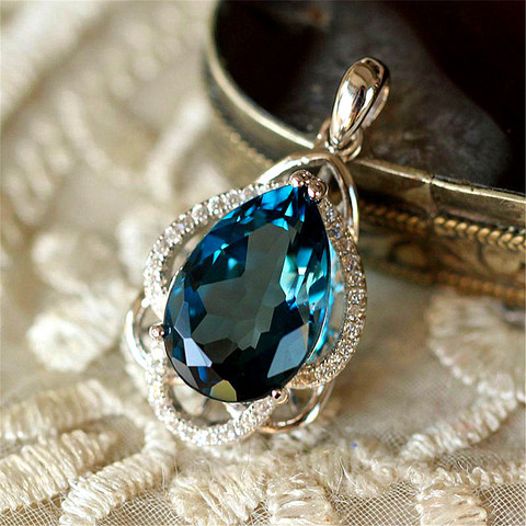 Blue crystal pendant necklace for women Sapphire gemstones white gold silver color luxury diamond bijoux jewelry choker gift ► Photo 1/6