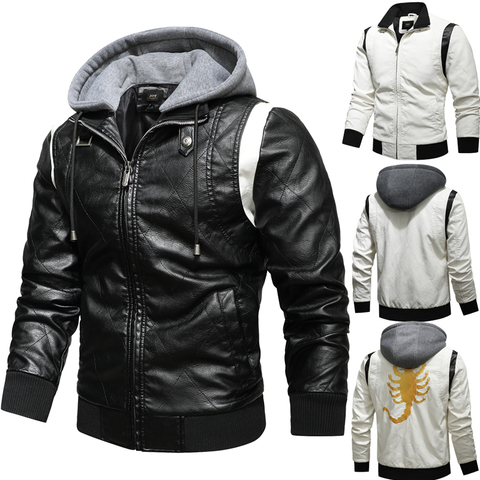 Autumn Winter Bomber Leather Jacket Men Scorpion Embroidery Hooded Jacket PU Leather Motorcycle Mens Jackets and Coats ► Photo 1/6