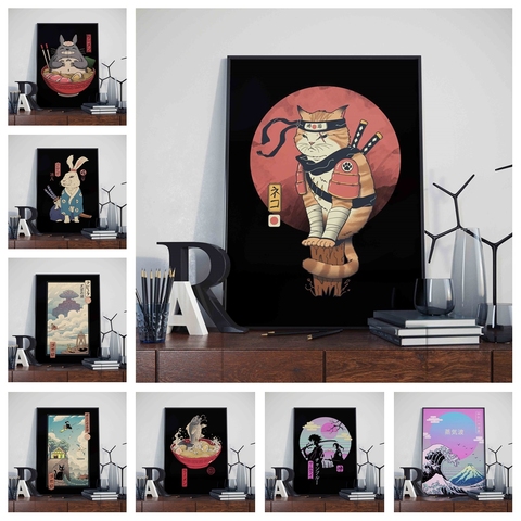 Japanese Samurai Cat Ramen Comics Nostalgia Home Decor Art Decor HD Cartoon Painting animal posters canvas painting K960 ► Photo 1/4