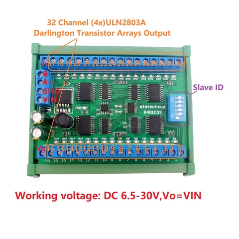 DC 12V 24V 32-Channels DIN35 C45 Rail Box RS485 Modbus RTU ULN2803A Darlington Transistor Controller PLC IO expansion Board ► Photo 1/6