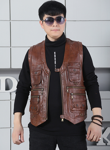 Men's Real Motorcycle Biker Multiple pockets Cow Genuine Leather Vest Men Waistcoat Sleeveless Jacket Tank Top ► Photo 1/6