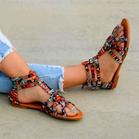 Women Flat Shoes Summer Bohemian Gladiator Roman Sandal Boho Sandalias Mujer Colorful Female Beach Flat Plus Size Flat Shoes ► Photo 1/6