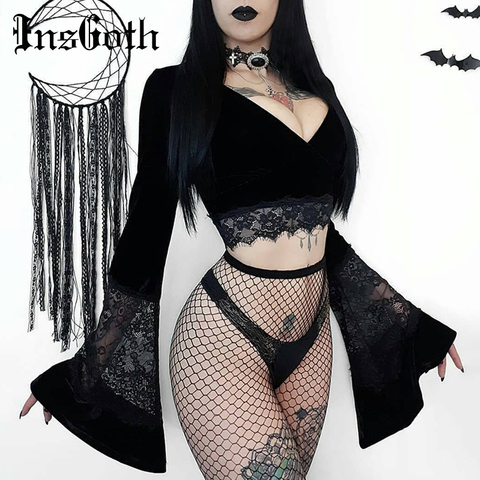 InsGoth Sexy Women Gothic Crop Top Flare Long Sleeve Lace Hollow