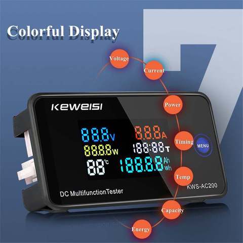 KEWEISI KWS-DC200 10/50/100A Internal Shunt Digital Display Voltage & Current Meter Color Screen Power Tempterature Tester Timer ► Photo 1/6