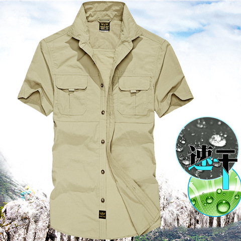 Mens Summer Short Sleeve Outdoor Shirt Pockets Quick Dry Blouse Mountaineering Hiking Fishing Military Working Clothes Big Size ► Photo 1/6