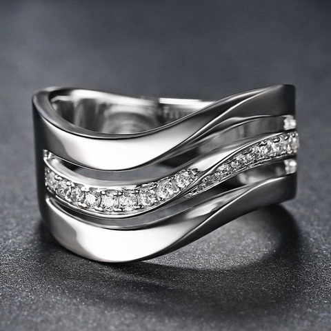 Huitan Fashion Contracted Office Lady Finger Rings Silver Color Wave Shape Shine CZ Stone Simple Daily Wear Party Women Jewelry ► Photo 1/6