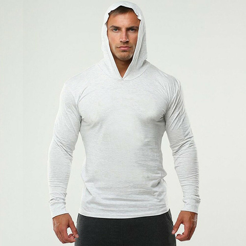 Brand Gym Clothing Solid Color Long Sleeve Hooded Slim Fit T Shirt Men Cotton Tee Shirt Bodybuilding Fitness Sportwear Tshirt ► Photo 1/6