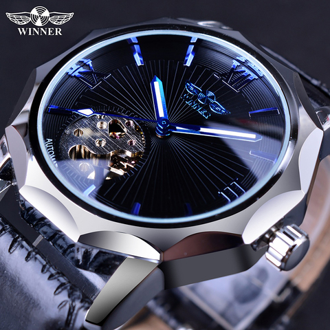 Winner Blue Ocean Geometry Design Transparent Skeleton Dial Mens Watch Top Brand Luxury Automatic Fashion Mechanical Watch Clock ► Photo 1/6