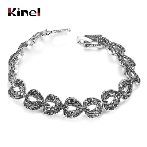 Kinel Boho Charm Bright Black Crystal Bracelet For Women Antique Tibetan Silver Little Water Drop Link Bracelets Vintage Jewelry ► Photo 1/6