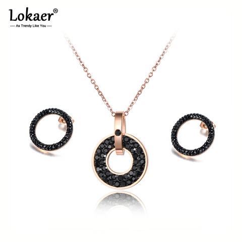 Lokaer Trendy White/Black CZ Rhinestone Necklace Earrings Sets Titanium Steel Rose Gold Color Wedding Jewelry For Women SE020 ► Photo 1/6