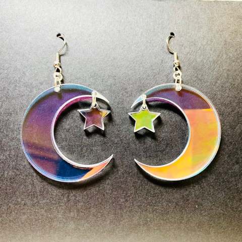 Fashion Iridescent Acrylic Crescent Moon Earrings, Laser Cut Acrylic Earrings, Rainbow Statement Earrings, Chic Boho Earrings ► Photo 1/3