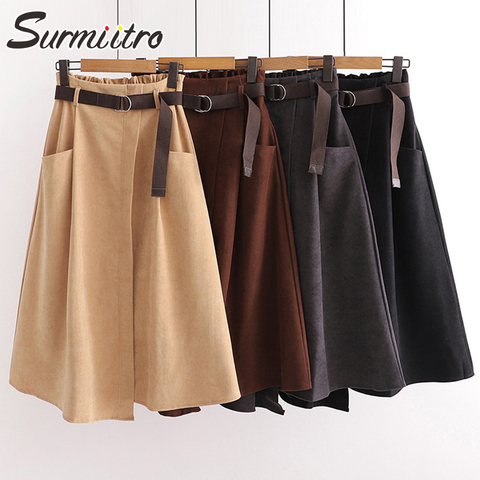 SURMIITRO 2022 Autumn Winter Women Korean Style Super Quality Black Female High Elastic Waist Midi Skirt With Belt WSKR904 ► Photo 1/6